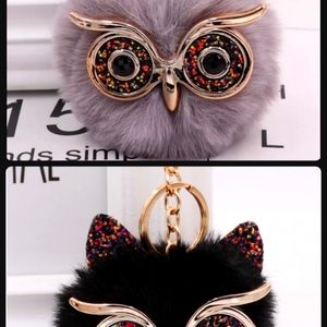 - 2 Piece Set /Sequin Pom-pom Owl Keychain Keyring Charm